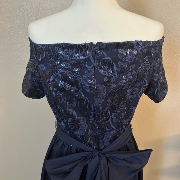 Elegant Adrianna Papell Navy Blue Off Shoulder High Low Lace Dress - Picture 3 of 9